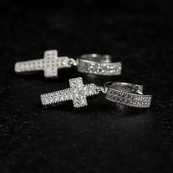 SILVER CROSS DANGLE UNISEX STUD BLING ZIRCON EARRINGS - Picture 3 of 7